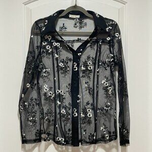 Gorgeous Amber Skies Sz Small? Black Sheer Floral Embellished Button Down Blouse